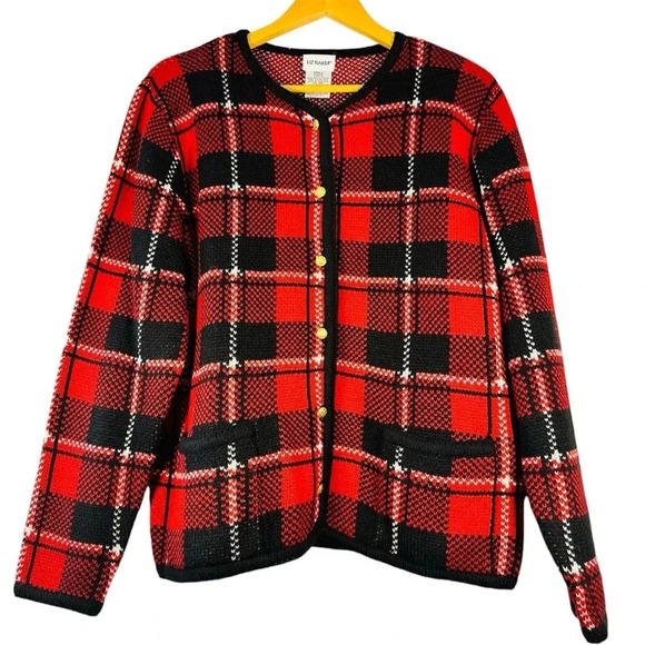 Vintage Liz Baker Plaid Red White Black Heavy Knit Cardigan Embellished Buttons - Picture 1 of 8